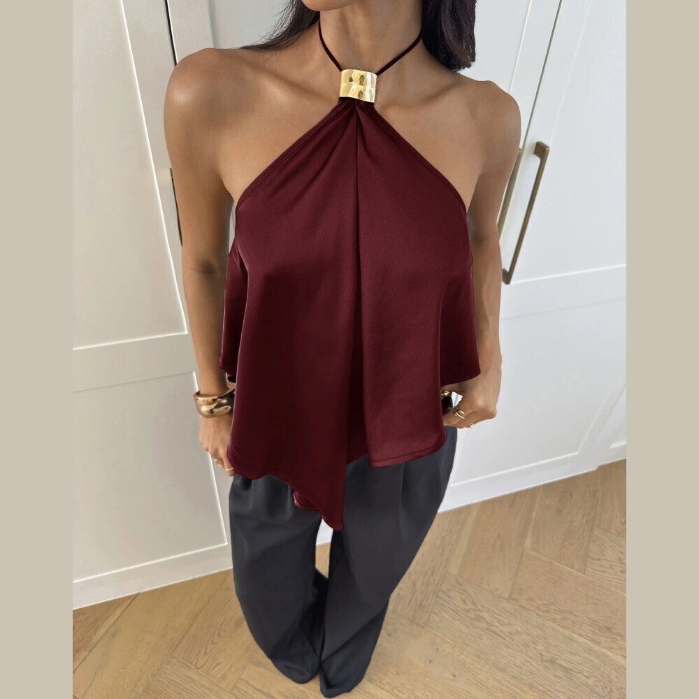 Burgundy Satin Gold Ring Halter Flowy Cami Top